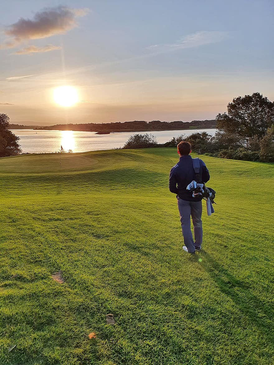 Golf, Man, Field, Sunset, River, Male, Golfer, Golfing, Sun, Sunlight, Dusk