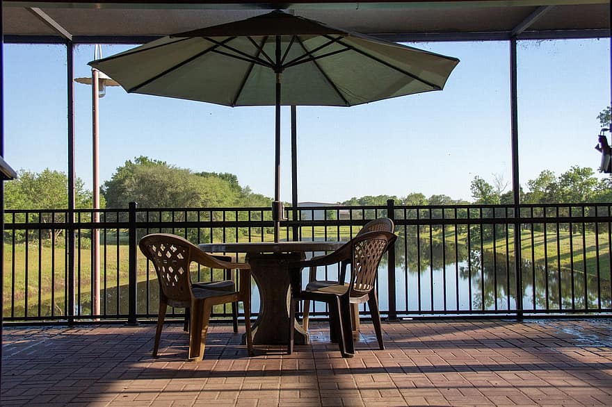 patio, nábytek, rybník, deštník, židle, stůl, letní, dřevo, modrý, architektura, relaxace