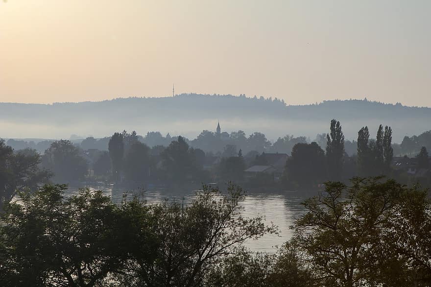 Hồ Constance, sương mù, buổi sáng, hồ nước, thị trấn, cây, hình bóng, bình Minh, bình minh, núi, nước Đức