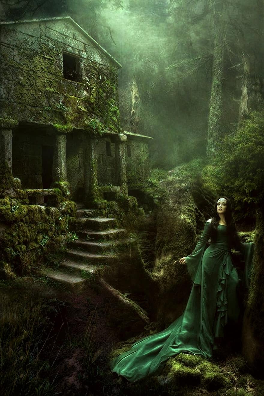 kız, elbise, bina, kalıntılar, terkedilmiş, ağaçlar, yosun, yosunlu, orman, pencere, korkutucu