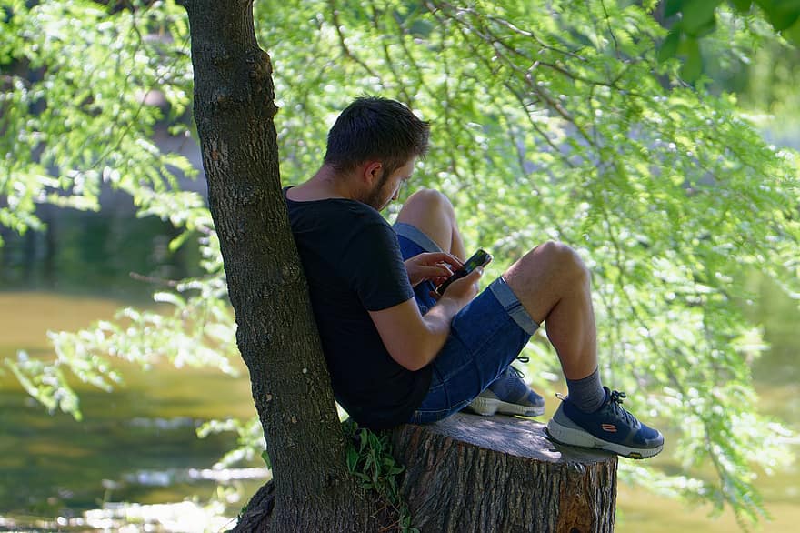 человек, река, парк, дерево, озеро, досуг, расслабляющий, смартфон, природа