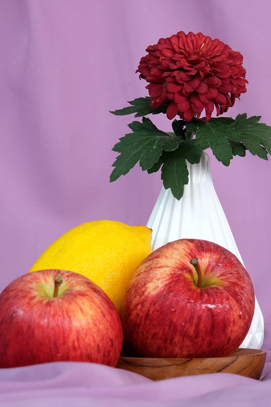 krysantemum, frugt, æble, friskhed, mad, tæt på, sund kost, blad, gul, bord, blomst
