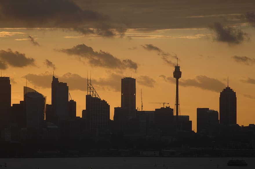 シドニー、オーストラリア、シティ、建築、日没、港、風景、夜景、建物、夕方に、夜