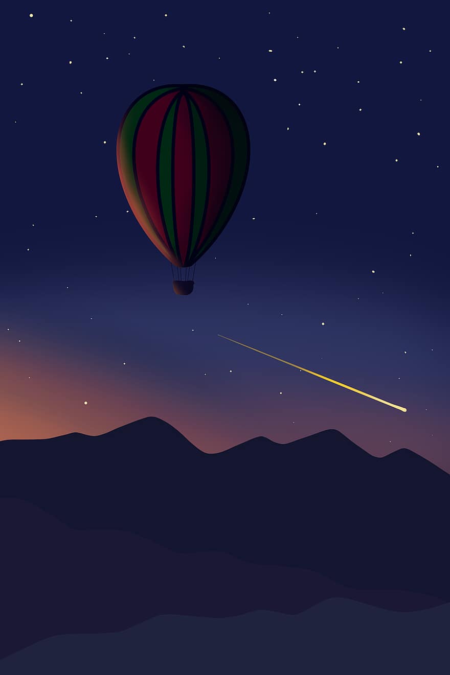 Hot Air Balloon, Travel, Basket, Sunrise, Sunset, Sky, Stars, Comet, Meteor, Hills, Mountains
