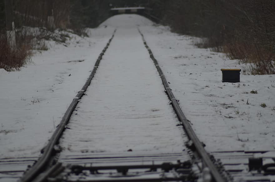 Rails, Road, Way, Snowfall, Dead End, Snow, Winter, railroad track, transportation, vanishing point, forest