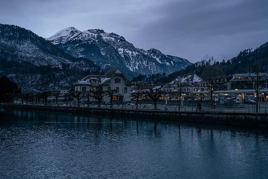 montañas, alpino, pueblo, noche, turismo, viaje, invernal, Suiza
