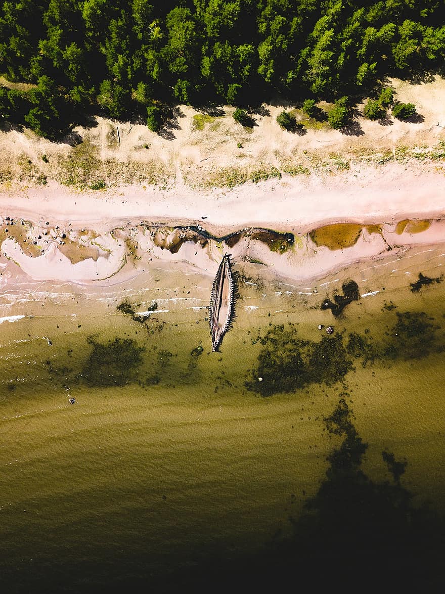 Drohne, Boot, Strand, Schiff, Wasser, Meer, Natur, Bäume, Ufer, Sandstrand, Drohnenfotografie