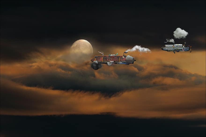 เรือบิน, steampunk, ดีเซลพังค์, ดวงจันทร์, เมฆ, Atompunk