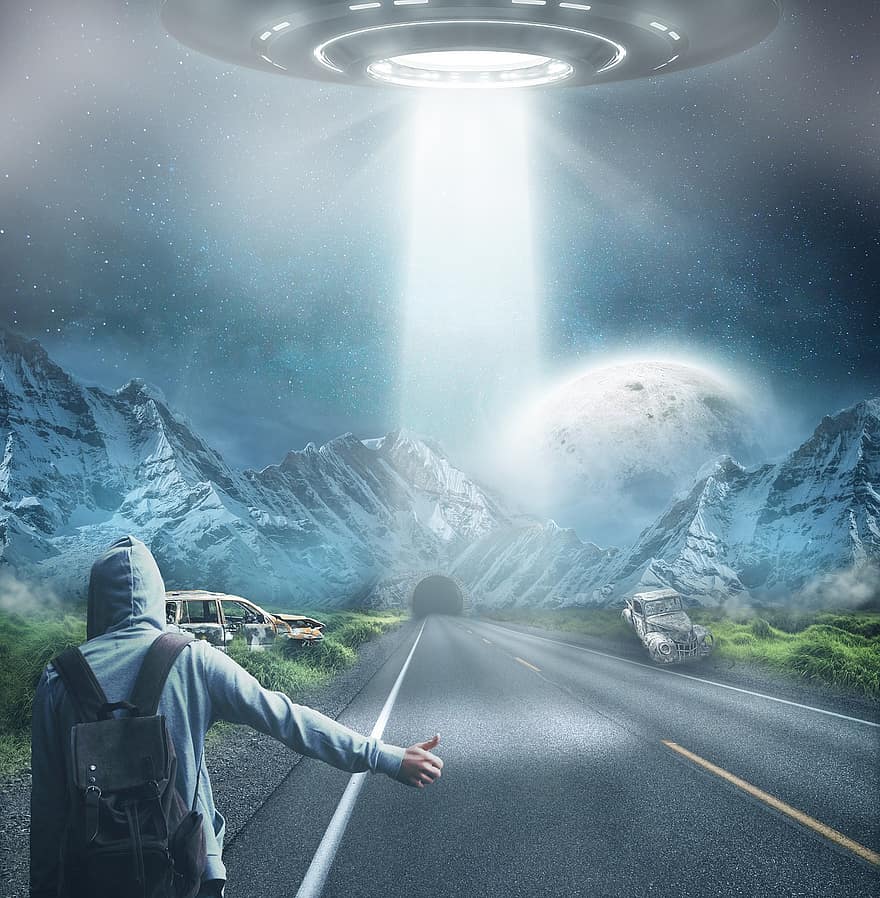 Ufo, Alien, Alie, Futuristic, Science, Fiction, Weird, Extraterrestrial, Road, Clouds, Landing