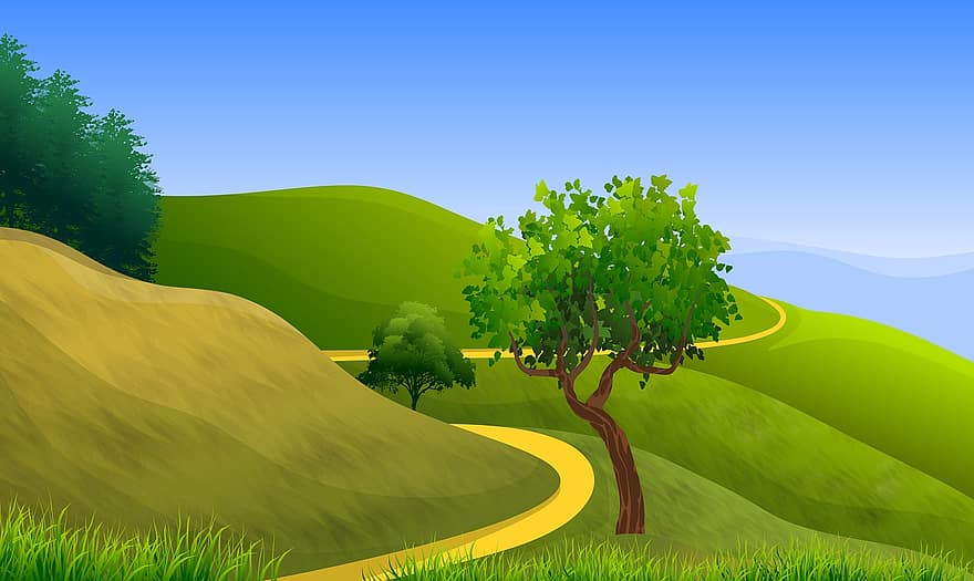 Illustration, Landscape, Nature, Background, Wallpaper, Drawing, Painting, Art, Plants, Mountain, Sky