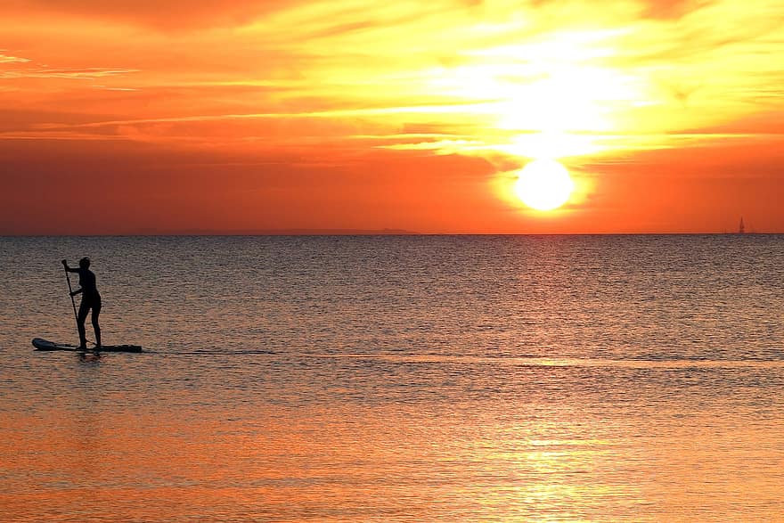 Sunset, Standup Paddleboarding, Sea, Afternoon, Nature, Dusk, Horizon, Twilight, Sundown, Paddleboarding