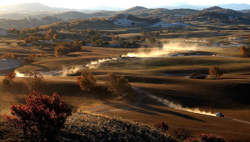 Grassland, Gallop, Racing Car, Automotive, Scenery, landscape, mountain, autumn, rural scene, tree, farm