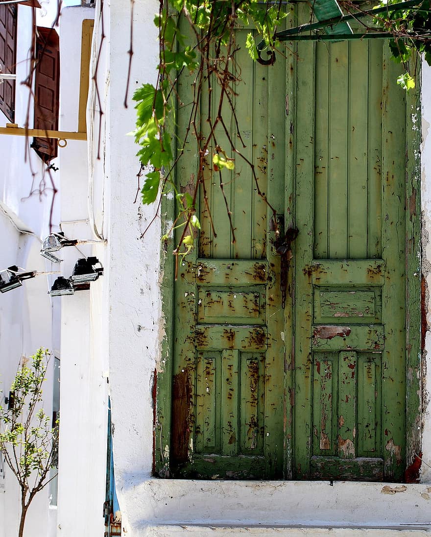 přední dveře, budova, Dům, propadl, zelené dveře, historické centrum, Řecko, naxos