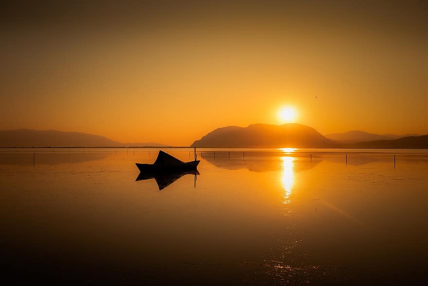 barca, tramonto, sole, mare, silenzioso, mattina, Grecia, natura, sfondo