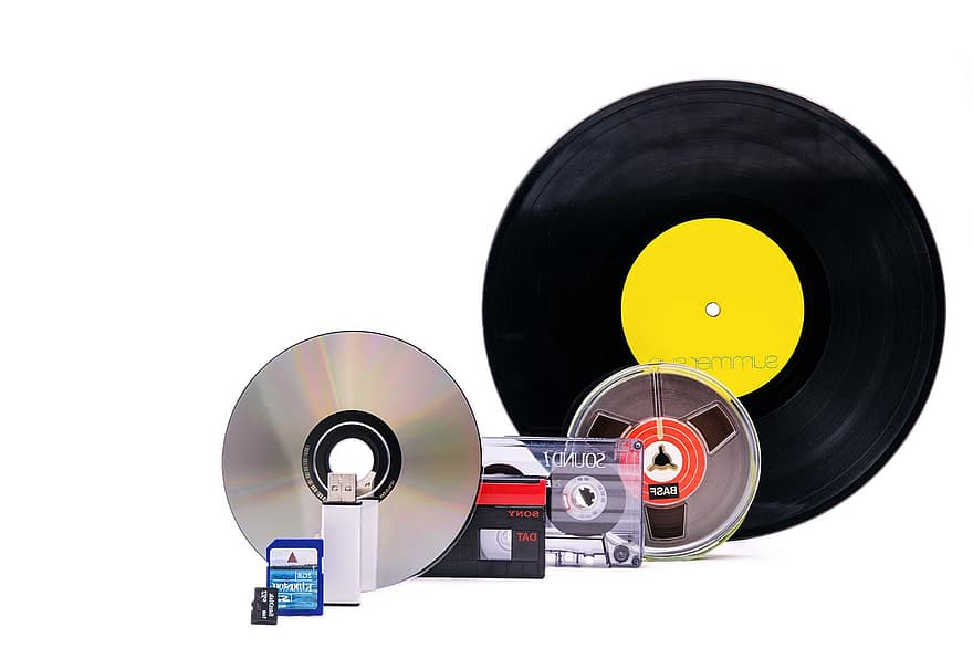 cassette, vinyl, CD, schijf, geheugenkaart, USB, micro sd, audio, muziek-, analoog, digitaal
