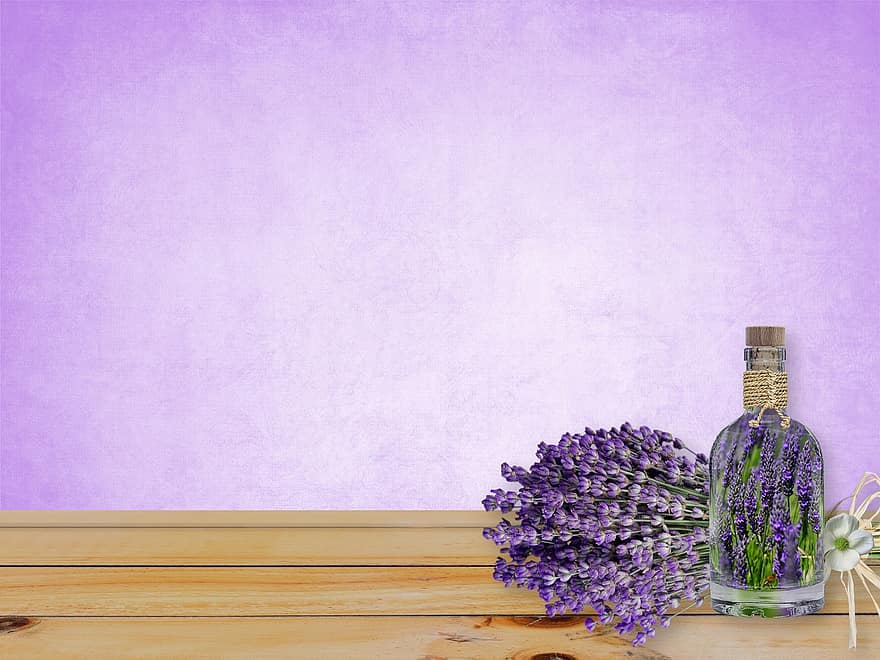 Latar Belakang, lavender, ungu, botol, bunga-bunga, mekar, meja, templat, menyalin ruang, maket, bunga