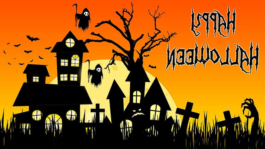 Halloween, la tombe, maison hantée, Joyeux Halloween, salutation, hanté, cimetière, faucheuse, mort, chauves-souris, nuit