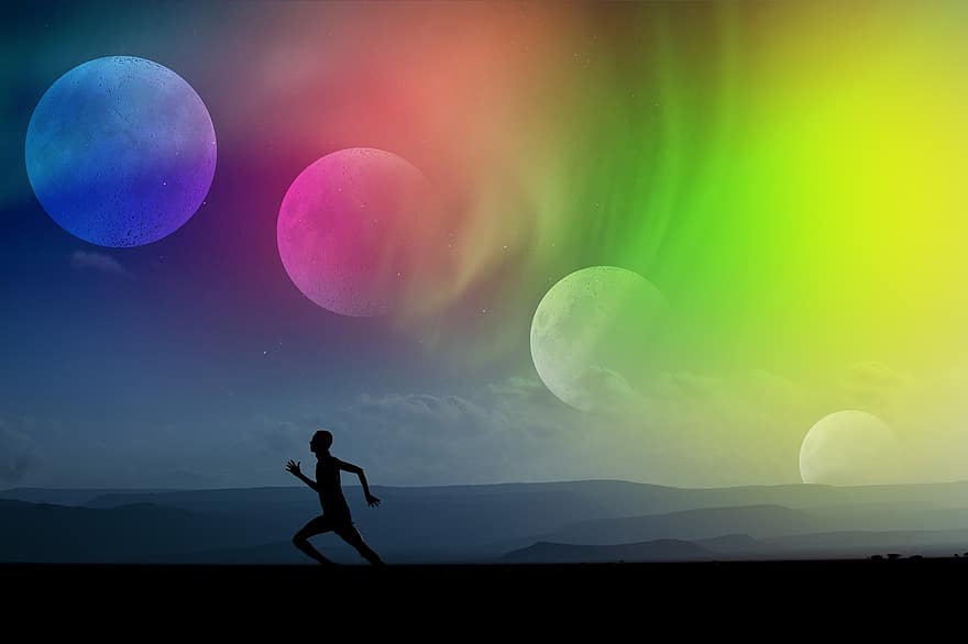 Sport, Moon, Moon Phase, Mood, Run, Silhouette, Runners, Shadow, Jog, Farbenspiel, Person
