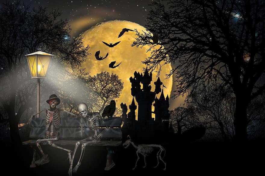 Luna, alberi, scheletri, castello, sagome, lampione, panchina, non morti, Morte, pipistrelli, fantasia