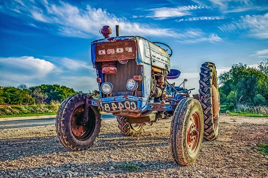 tractor, mașini, vehicul, antic, agricultură, rural, epocă, vechi, ruginit, rustic, fermă