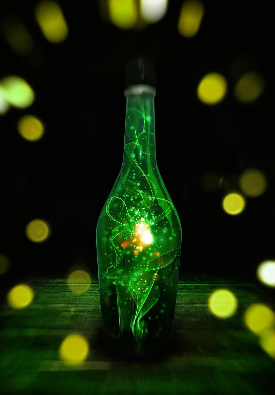 زجاجة ، سحر ، داكن ، الروح ، أخضر ، ضوء ، اسود قاتم ، زجاجة سوداء ، الروح السوداء