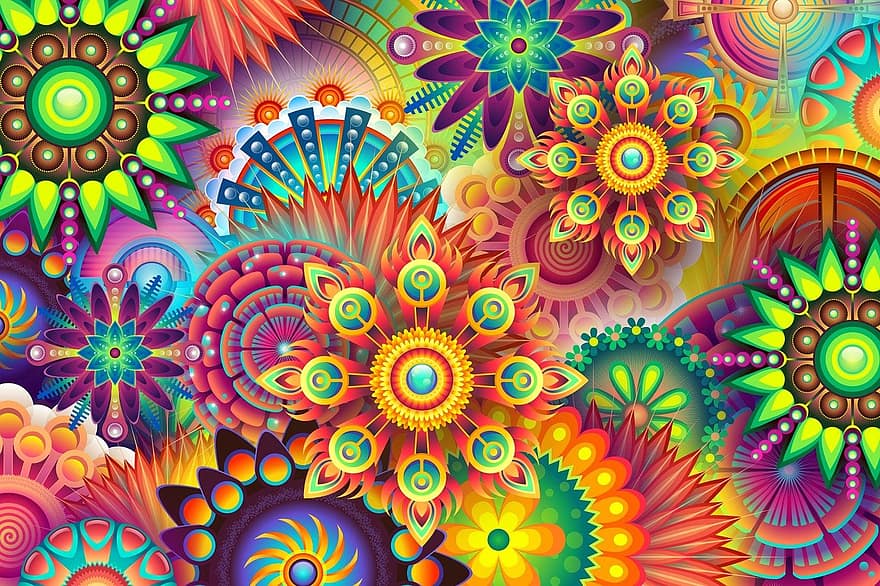 mandalaları, renkli, soyut, süs, geometrik, çiçek, psychedelic, dizayn, dijital, arka fon