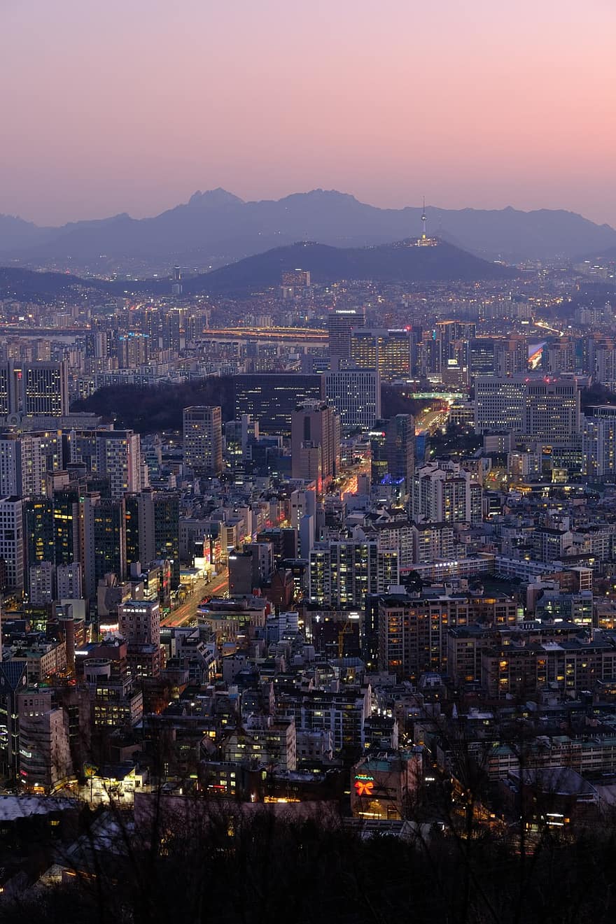 solnedgång, stad, Gangnam, berg, namsan, seoul, nattvyn, stadsbild, natt, skymning, urban skyline