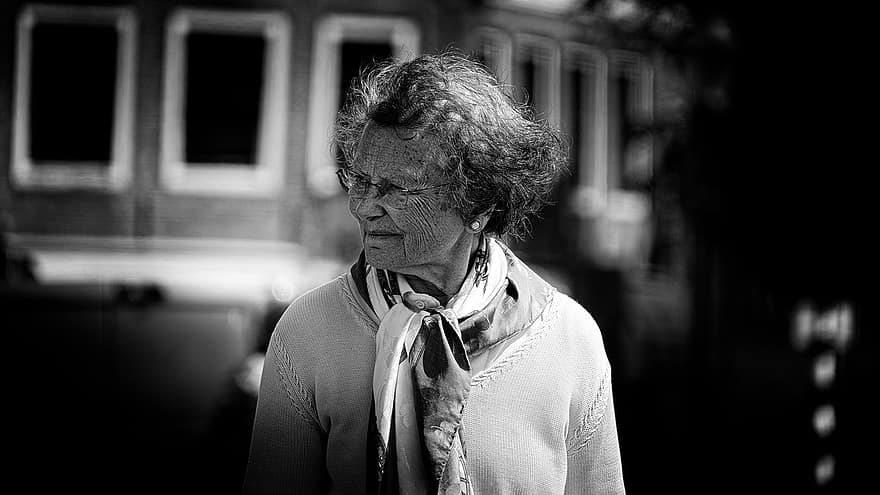 Woman, Elderly Woman, Street, Outdoors, Old Woman, Black And White, one person, men, adult, women, senior adult