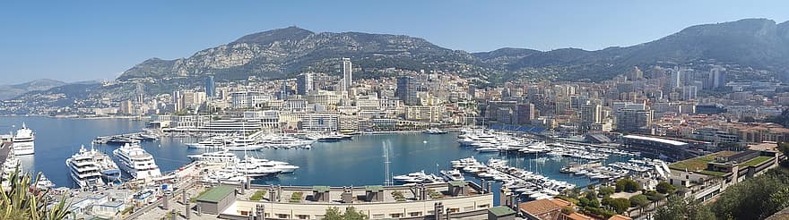 Монако, порт, панорама, човни, місто, марина, док, рефлексія, води, море, затока