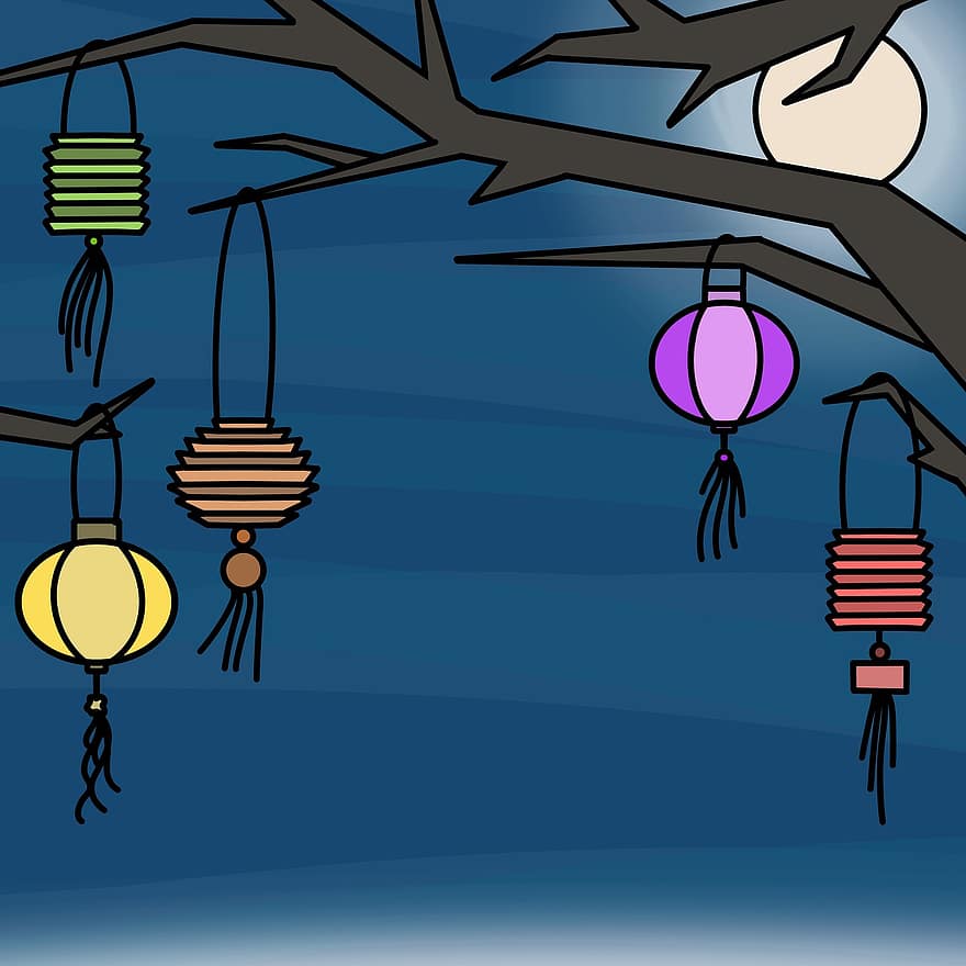 lampions, lanterne, albero, Luna, notte, Festival, luce, Asia, decorazione, decorativo, natura