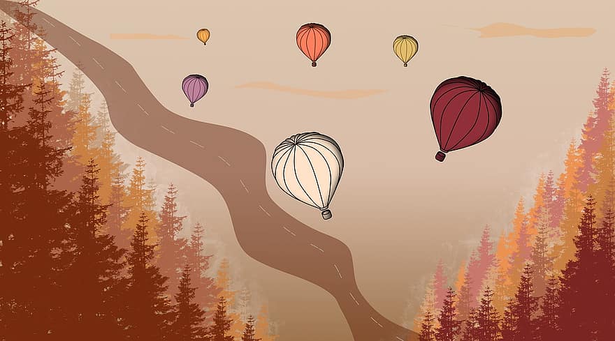 baloane cu aer cald, drum, artă, desen, schiță, natură, toamnă, pădure, ilustrare, copac, vector