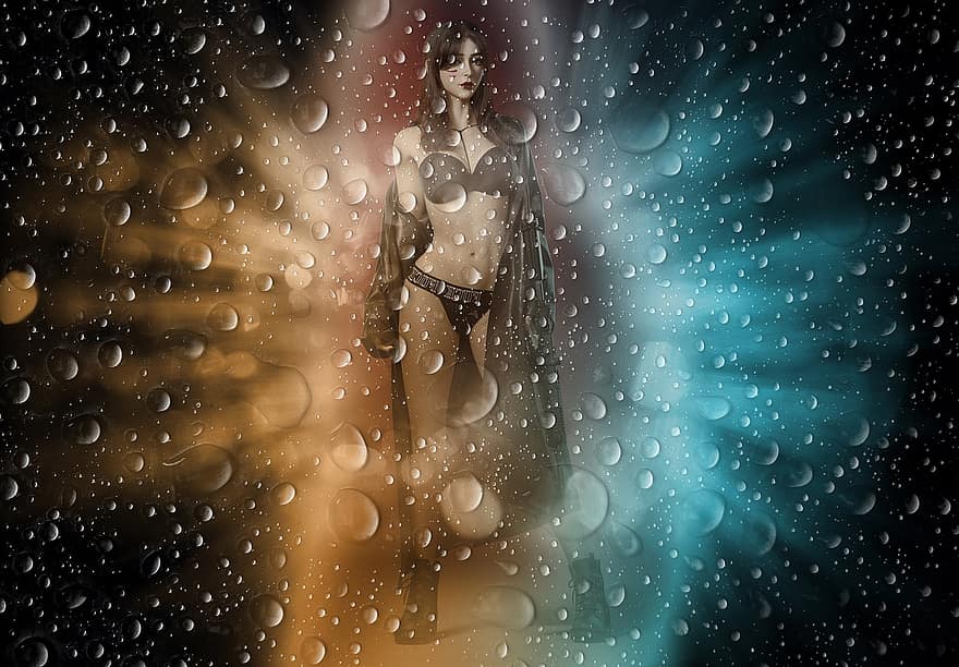 kvinna, fantasi, vattendroppar, regndroppar