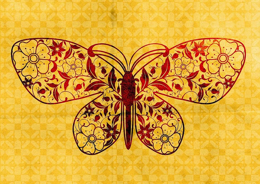 sommerfugl, linje, tegning, gul, rød, svart, dekorasjon, håndverket, decoupage, bakgrunn, stor