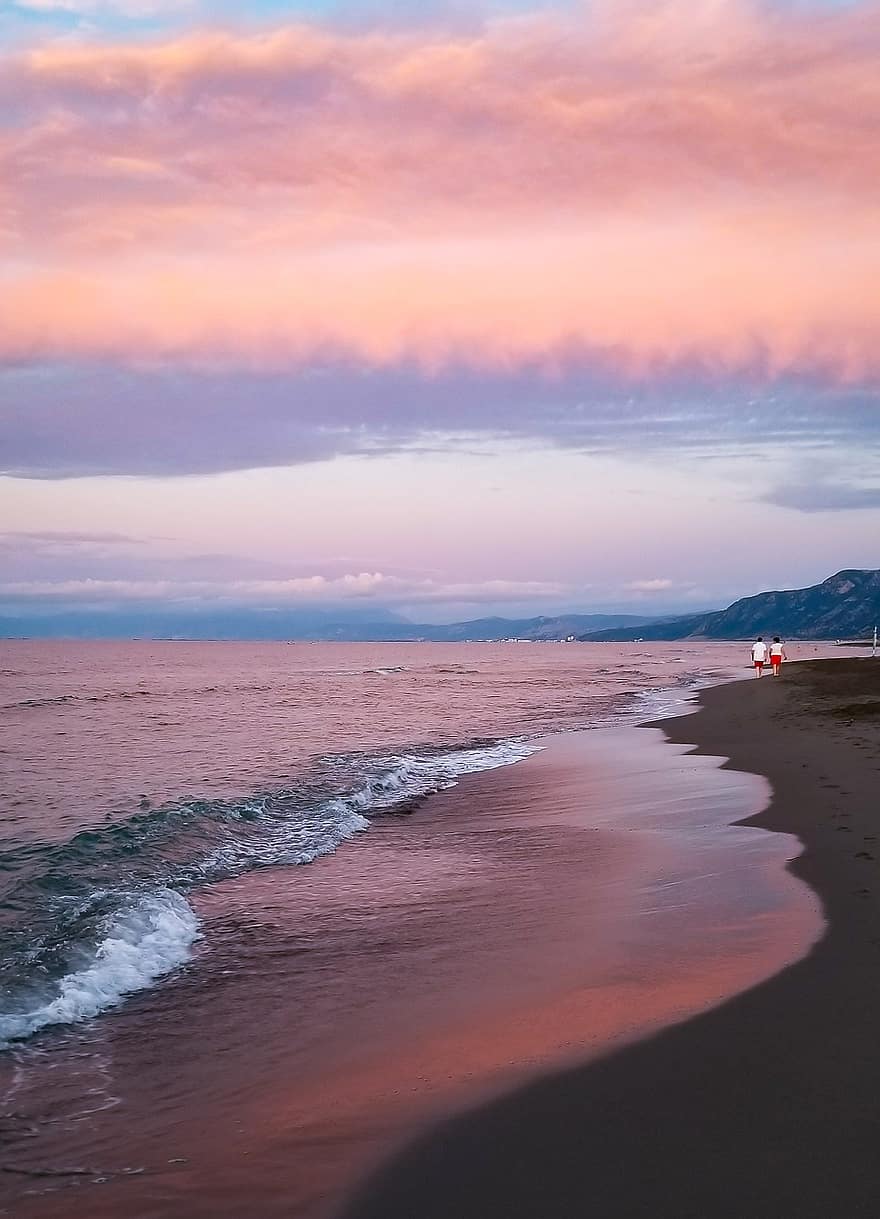 solnedgang, Strand, hav, shore, strandlinjen, bølger, flo, skumring, himmel, skyer, horisont
