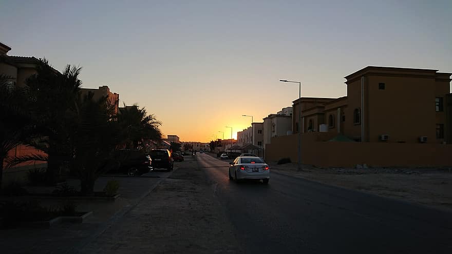 le coucher du soleil, ville, voiture, route, rue, doha