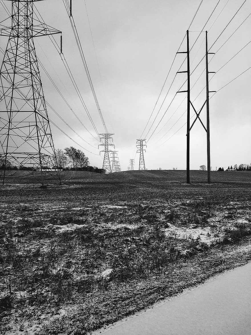 Transmission Towers, Electricity, Winter, Monochrome, Field, Snow, Cables, Overhead Power Line, Power Towers, Electricity Pylons, Power Lines