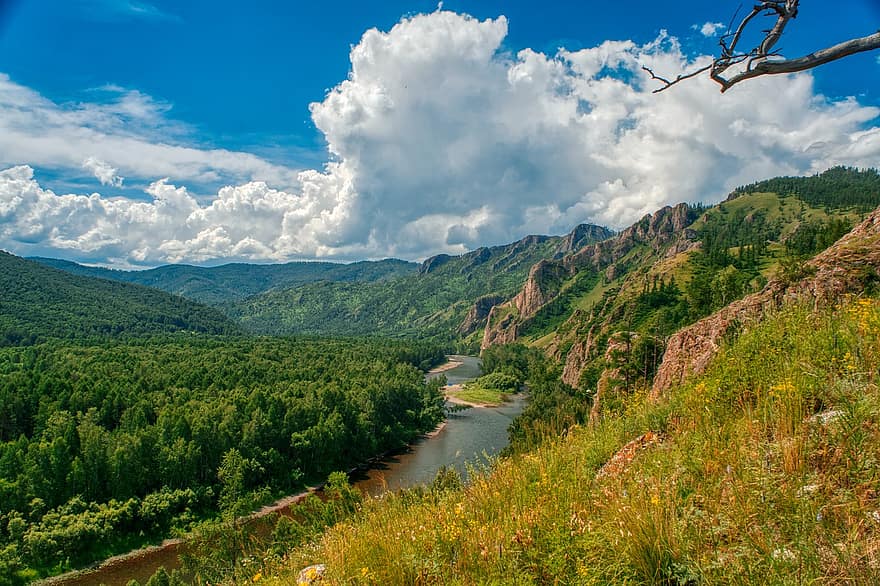 Mountains, River, Nature, Sky, Water, Clouds, Russia, landscape, mountain, forest, summer