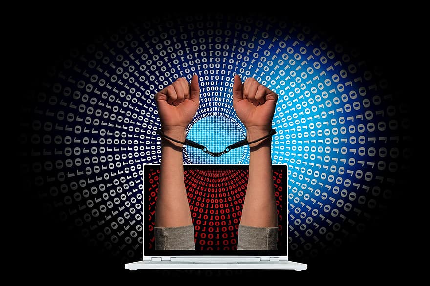 kejahatan, borgol, laptop, Kode biner, biner, batal, satu, Satu, kejahatan dunia maya, kejahatan komputer, kejahatan internet