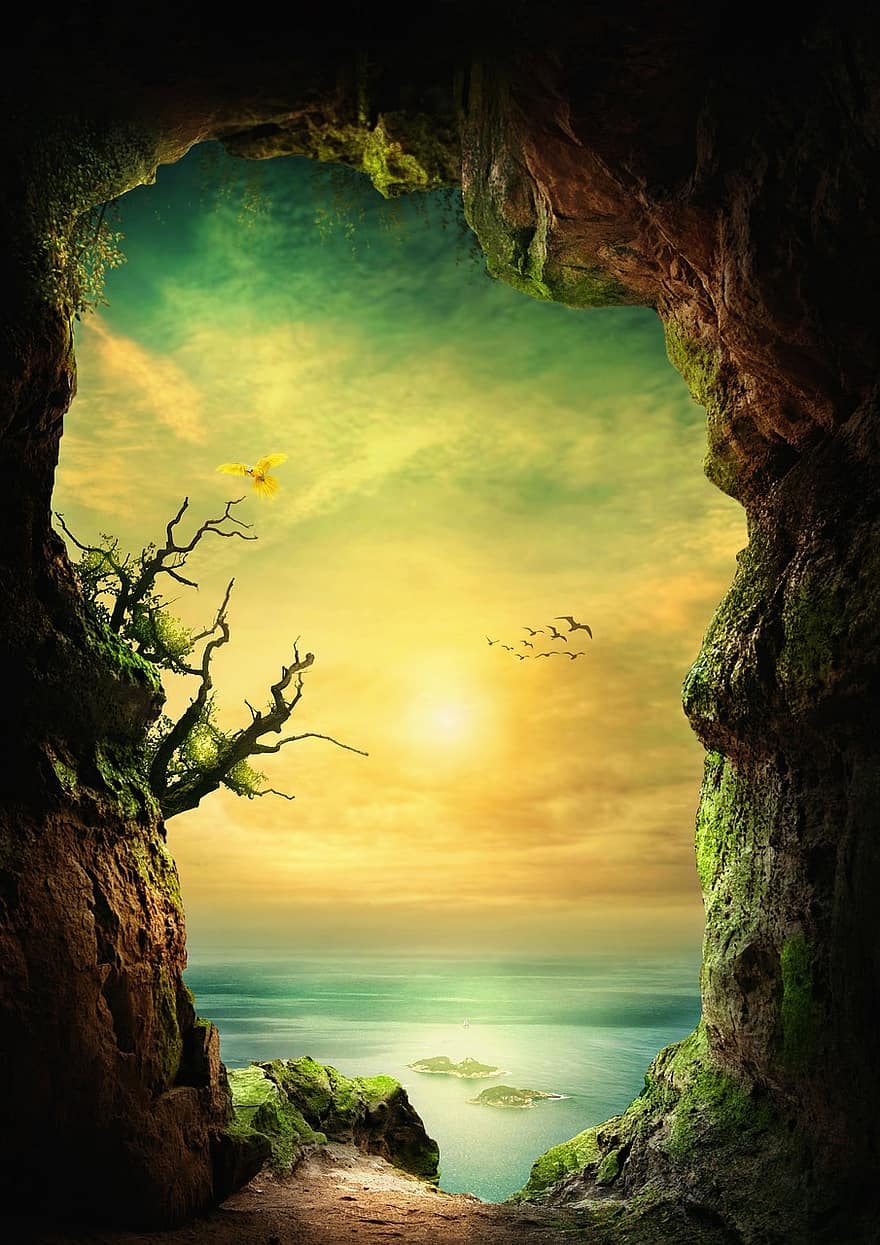 grotta, hav, fantasi, solljus, fåglar, öar, vatten, mossa, träd, sten, mystisk