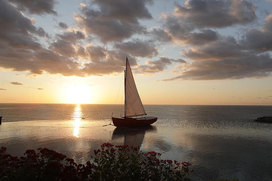 seilbåt, hav, soloppgang, Rigget båt, båt, sol, rigger, horisont, natur, solnedgang, nautisk fartøy