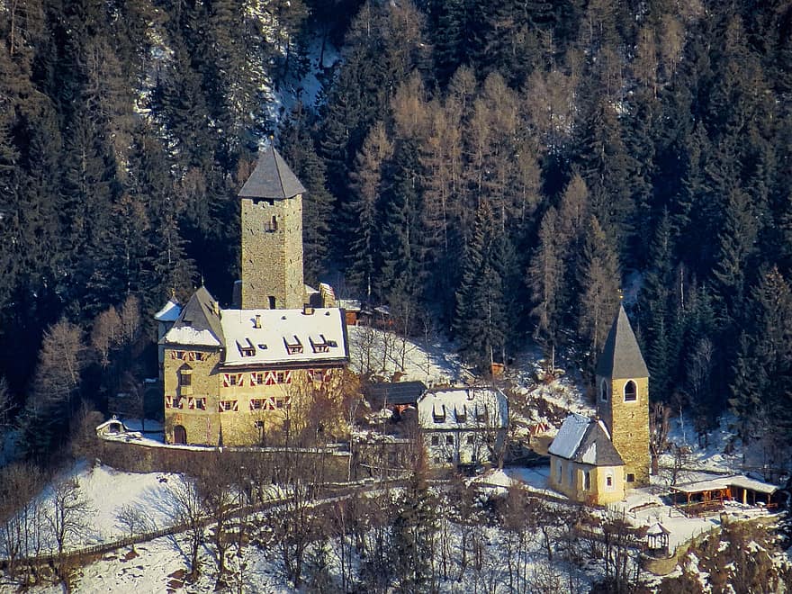 borgo, Château, Montagne, hiver, paysage, forêt, Borgo Castello Panicaglia, neige, christianisme, architecture, arbre
