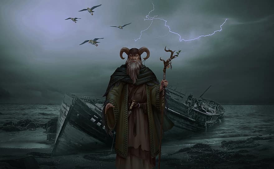 Background, Ocean, Boat, Wizard, Stormy, Fantasy, Character, Digital Art