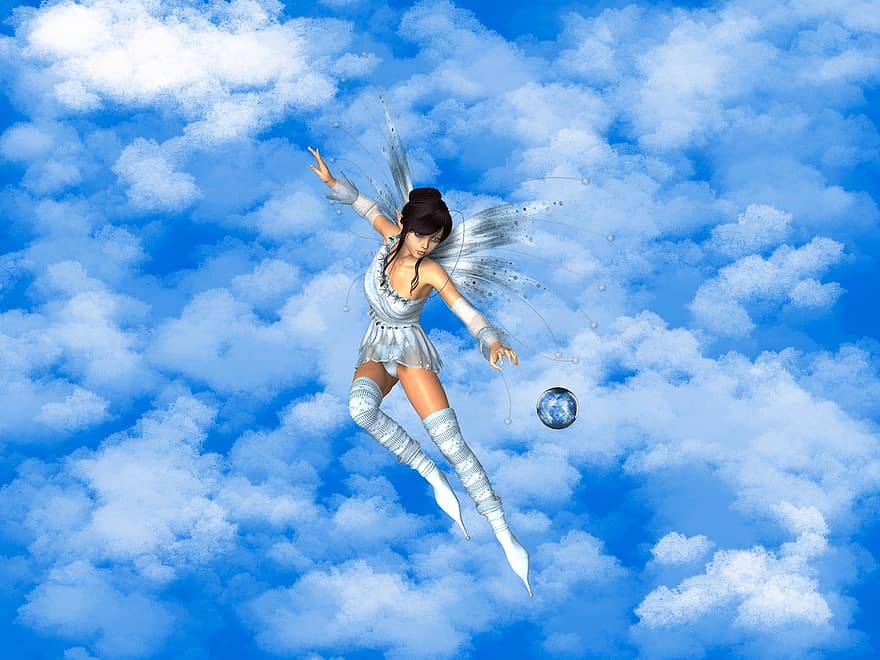 заден план, небе, облаци, фея, топка, фантазия, женски пол, характер, дигитално изкуство