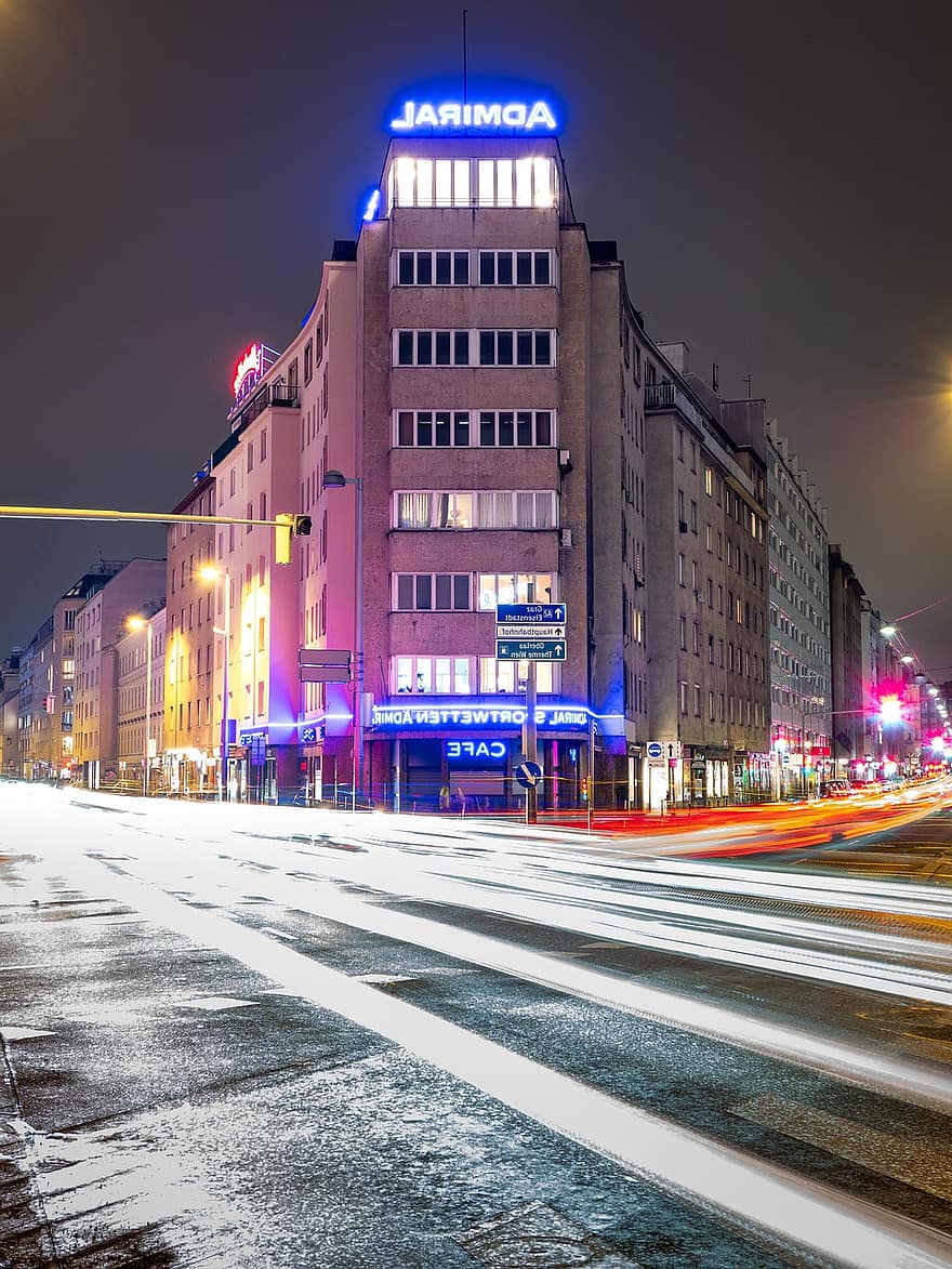 Виена, нощ, улица, Австрия, път, град, архитектура, трафик, здрач, градски пейзаж, осветен