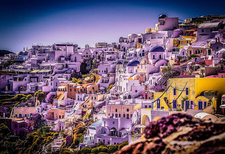 muntanya, ciutat, Grècia, edificis, cases, urbà
