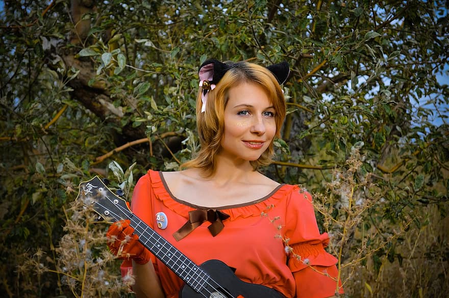 donna, cosplay, ukulele, costume da gatto, ragazza, musica, musicista, posa, bellissimo, bella, caucasico