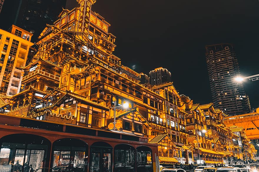 chongqing, oraș, noapte, Hongyadong, China, viziune nocturnă, arhitectură, luminile orașului