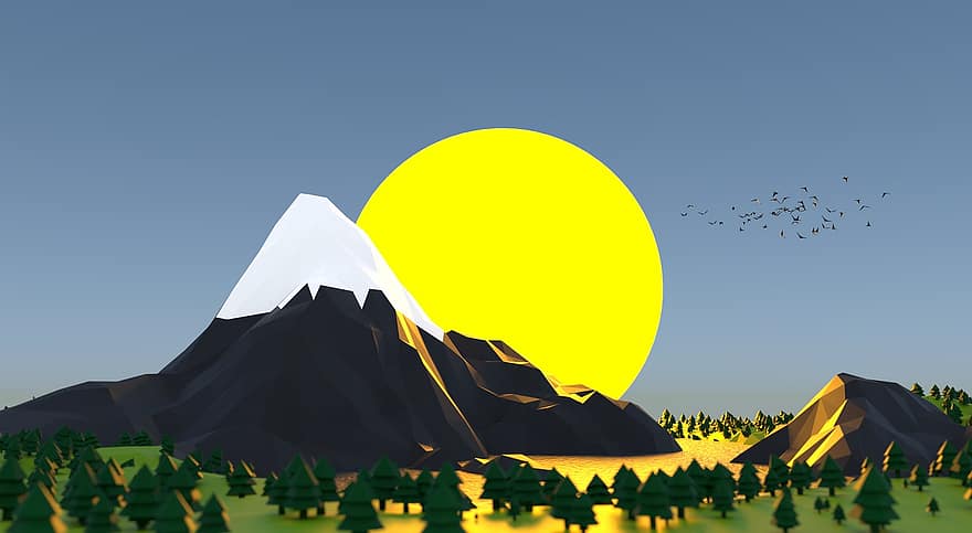 Montañas Low Poly, Dom, montañas, puesta de sol, diseño, polígono, triángulo, representación, naturaleza, bajo, geométrico