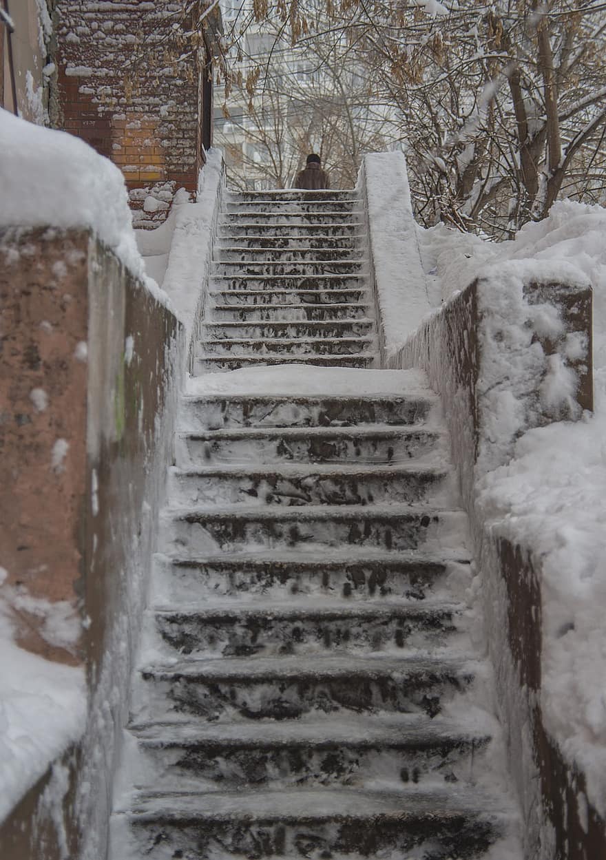 hiver, escaliers, pas, saison, neige, Météo