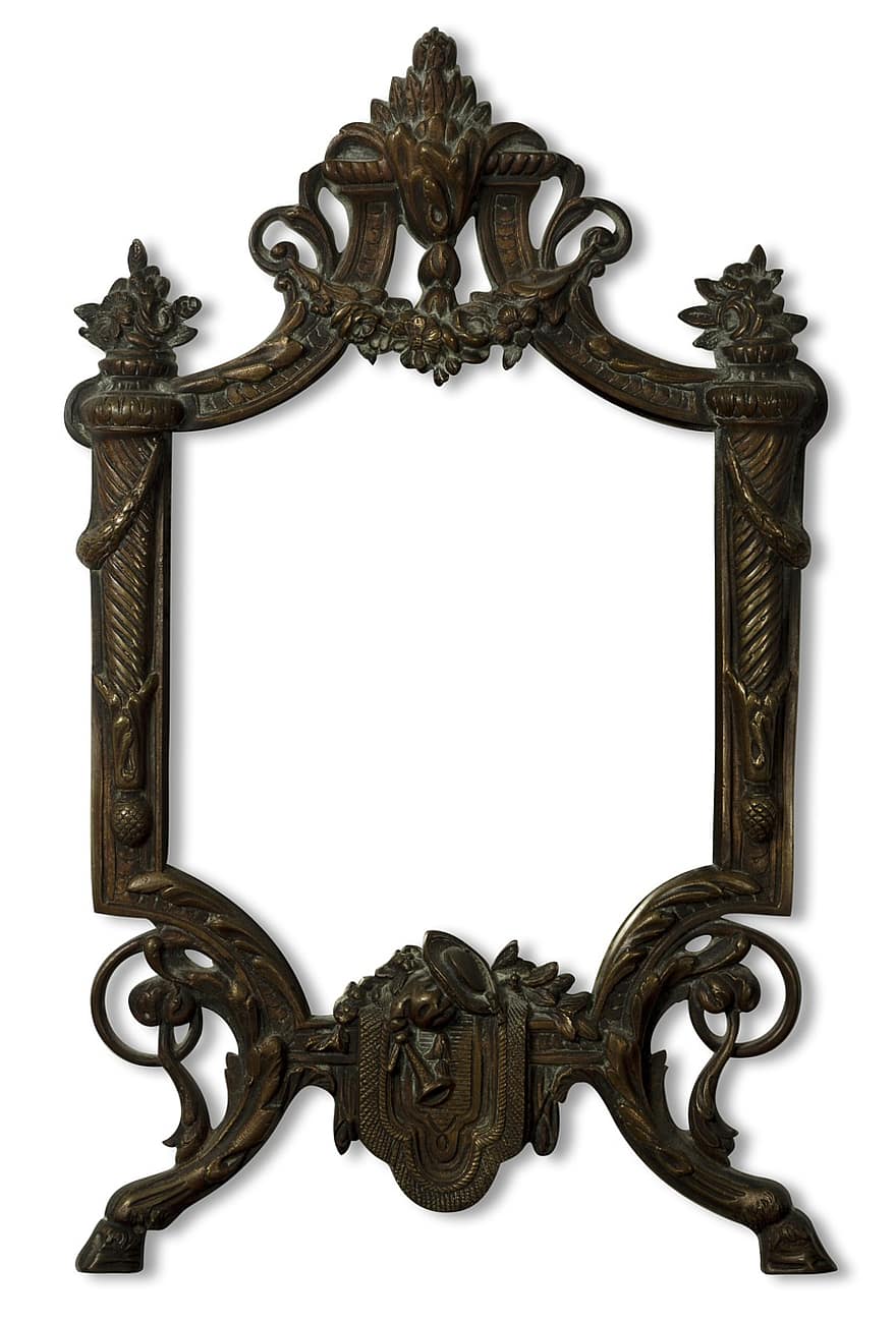 speil, bronse, gotisk, fra middelalderen, tidligere, krans, skjære ut, patina, antikk, rammeverk, loppemarked